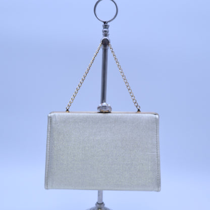 Vintage Gold Metallic Lame Evening Bag Faux Pearl Rhinestone Kisslock Clutch Chain