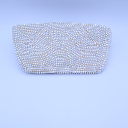 Vintage Faux Pearl Beaded Evening Clutch Bag White Zipper Formal Bridal Purse
