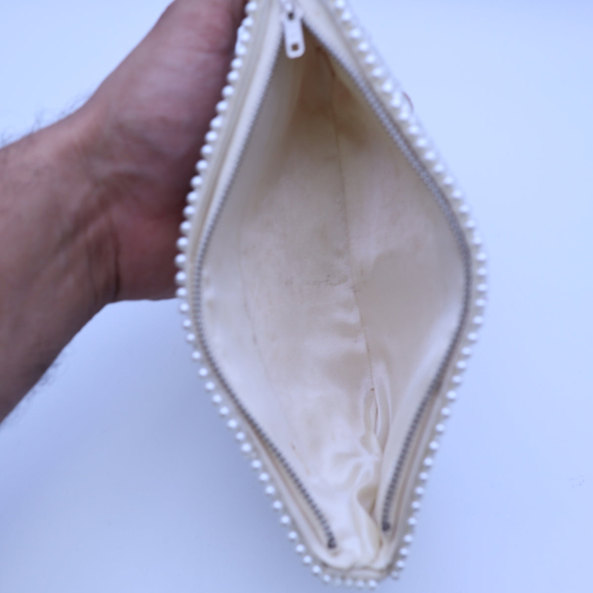 Vintage Faux Pearl Beaded Evening Clutch Bag White Zipper Formal Bridal Purse