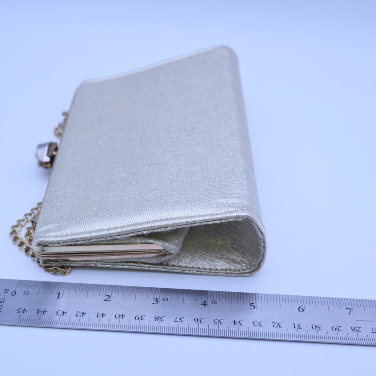 Vintage Gold Metallic Lame Evening Bag Faux Pearl Rhinestone Kisslock Clutch Chain