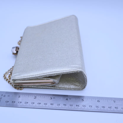 Vintage Gold Metallic Lame Evening Bag Faux Pearl Rhinestone Kisslock Clutch Chain