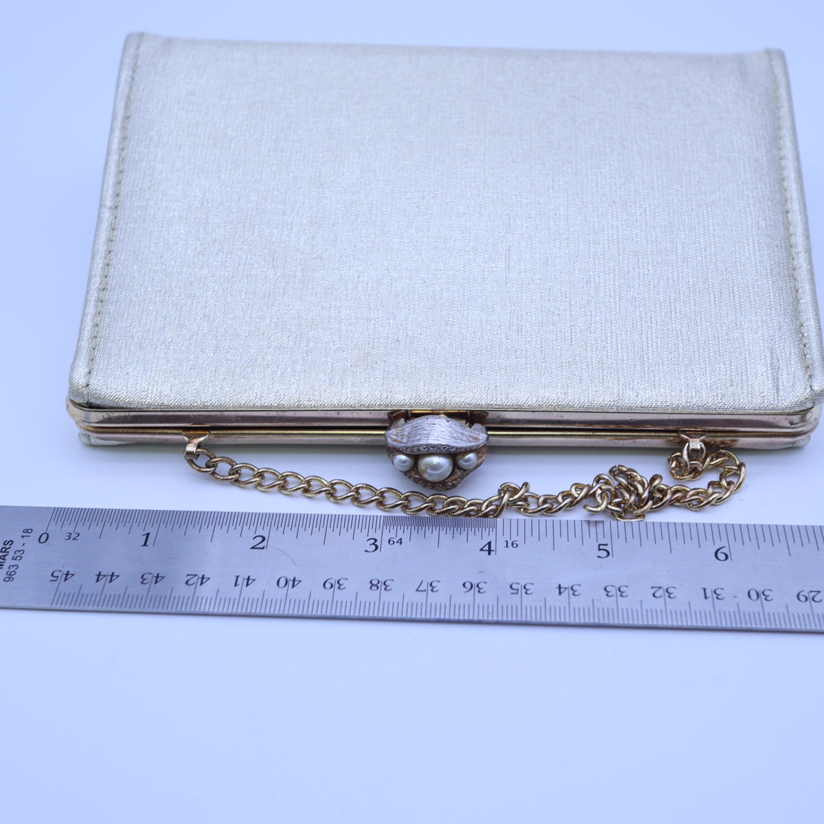 Vintage Gold Metallic Lame Evening Bag Faux Pearl Rhinestone Kisslock Clutch Chain