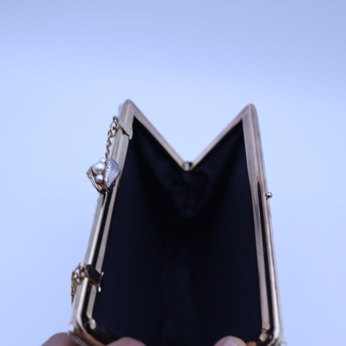 Vintage Gold Metallic Lame Evening Bag Faux Pearl Rhinestone Kisslock Clutch Chain