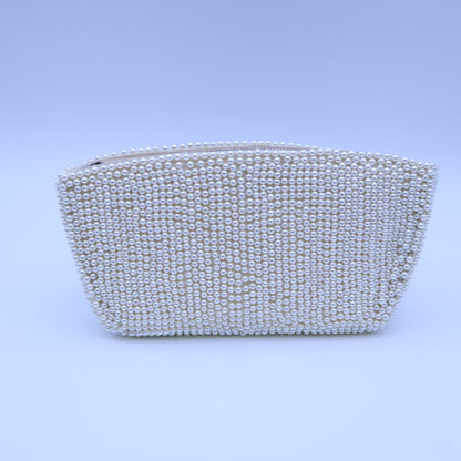 Vintage Faux Pearl Beaded Evening Clutch Bag White Zipper Formal Bridal Purse