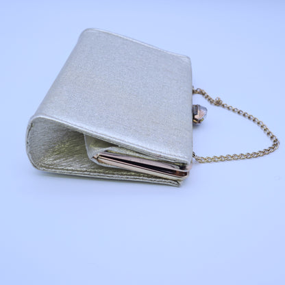 Vintage Gold Metallic Lame Evening Bag Faux Pearl Rhinestone Kisslock Clutch Chain