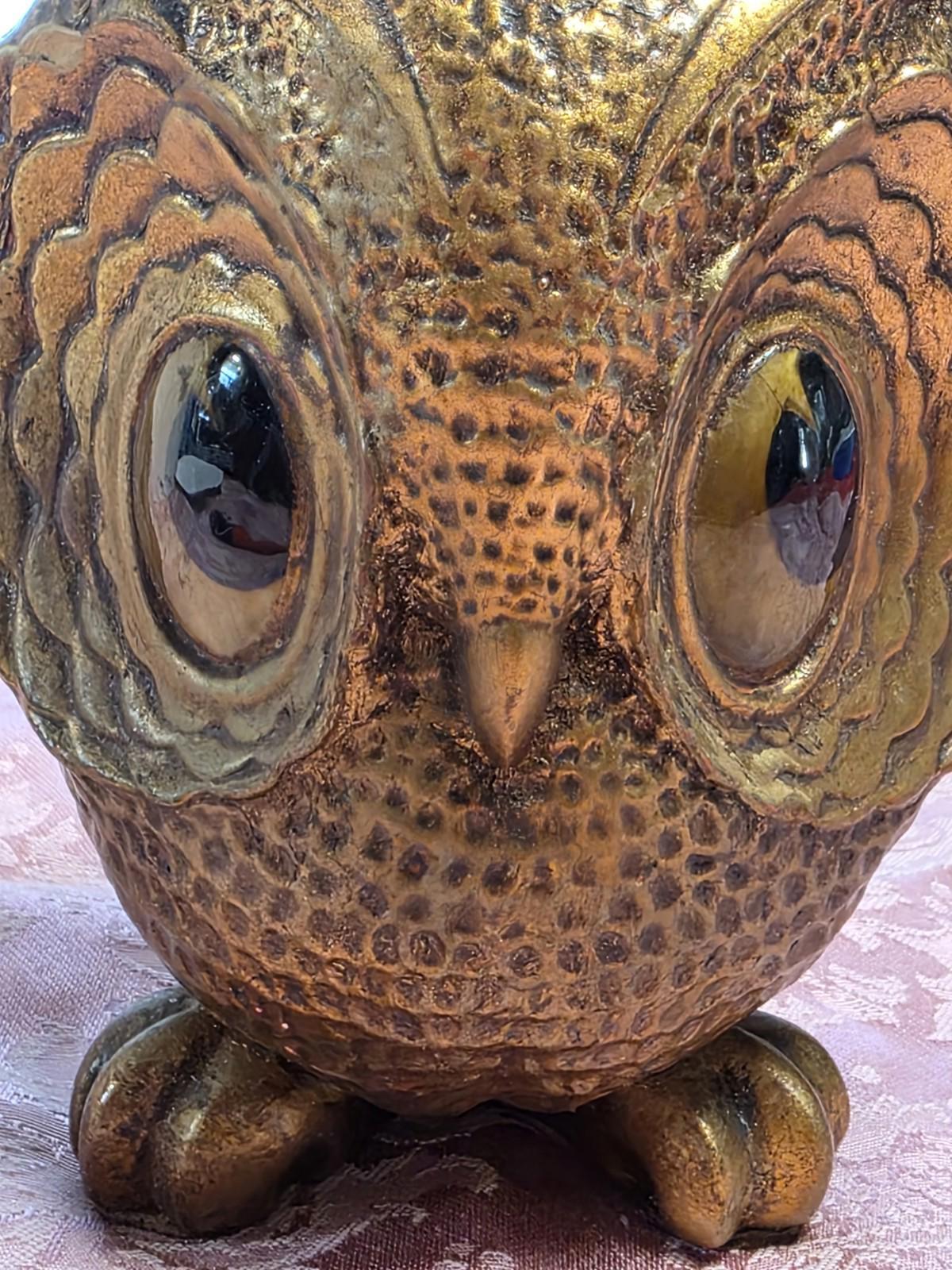 VTG Freeman McFarland Owl Figurine Gold 5.5"  Ceramic Big Eyes Funky Whimsical