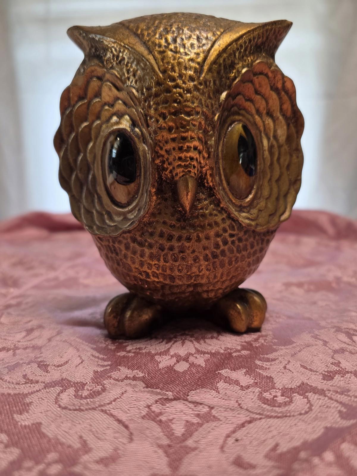 VTG Freeman McFarland Owl Figurine Gold 5.5"  Ceramic Big Eyes Funky Whimsical