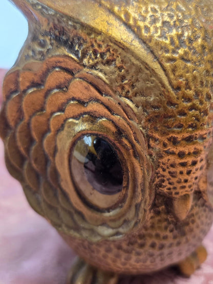 VTG Freeman McFarland Owl Figurine Gold 5.5"  Ceramic Big Eyes Funky Whimsical