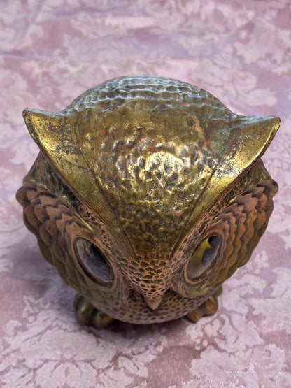 VTG Freeman McFarland Owl Figurine Gold 5.5"  Ceramic Big Eyes Funky Whimsical